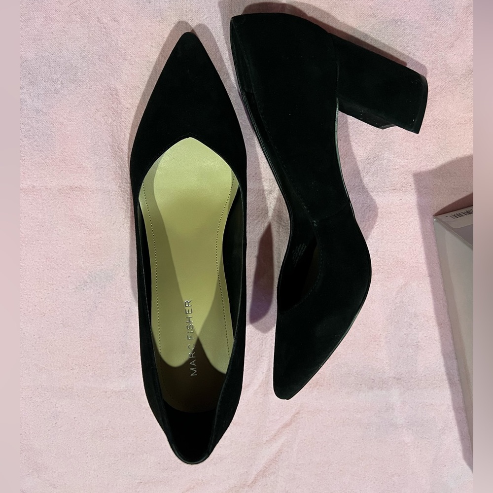 Marc Fisher black suede Caitlin block heels.